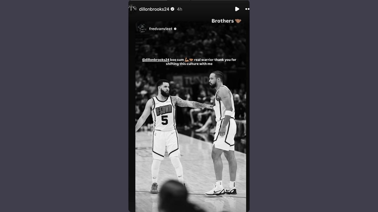 Brooks responds to Fred VanVleet's gratitude on his IG story. (Credits: @dillonbrooks24/Instagram)